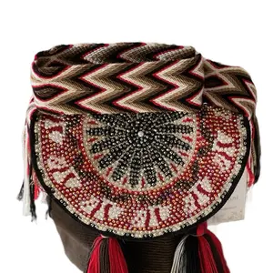 Handwoven wayuu bucket bag, made with Two Threads with Beaded Design oh top and Round Base. Wear Crossbody or Shoulder Strap