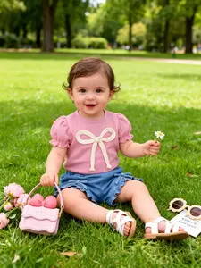 Baby Girl 2-Piece Set, Sweet Bow Decor Waffle Bubble Sleeve Top & Denim Shorts, Summer Play Vacation Beach Daily Outdoor Wear, Baby Clothing