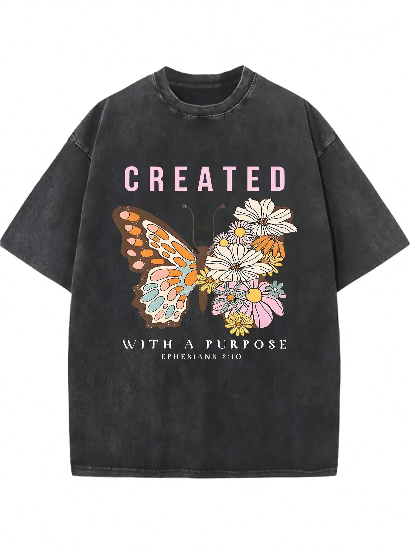 Vintage Created With A Purpose Ephesians 2:10 Christian Butterfly Floral T-Shirt, Washed Black Cotton Oversized Short Sleeve Tee, Boho Faith Casual Crewneck Shirt