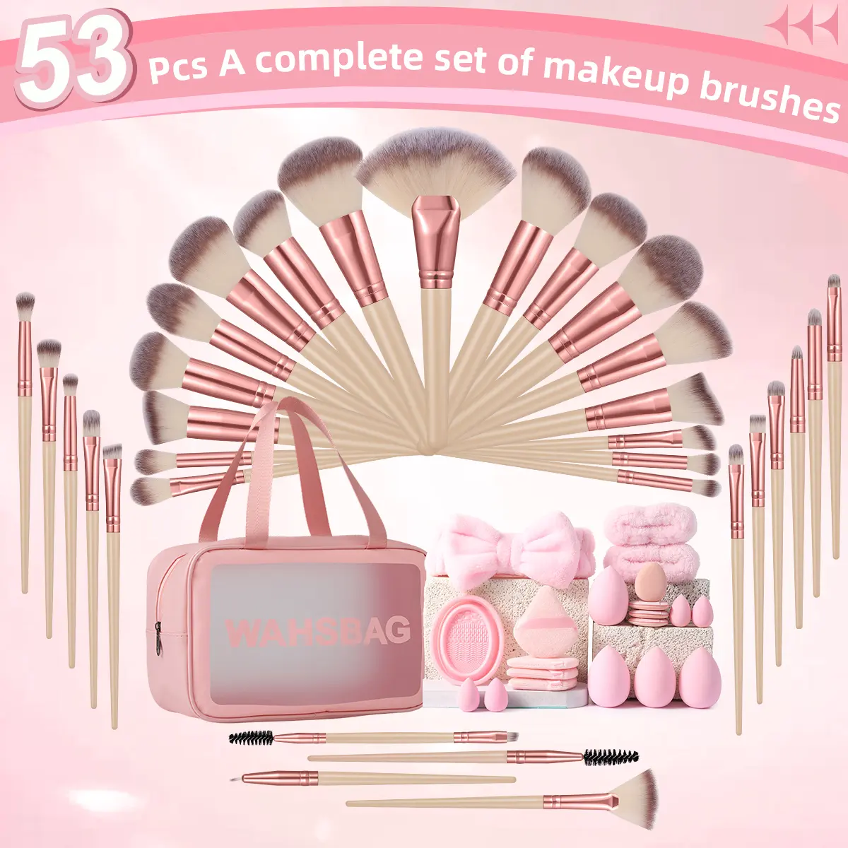 53 Piece Face Makeup Tool Set, 32 Makeup Brushes & Toiletry Bag & Hair Tie & 2 Wrist Straps & 4 Large Makeup Sponge Puffs & 4 Fan-Shaped Puffs & 4 Mini Makeup Sponges & 4 Thumb Puffs & Scrubbing Bowl