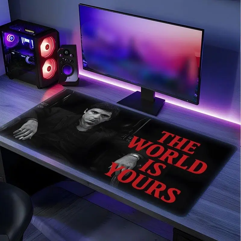 Mouse Pad -Scarface Demon theme game desk pad and mouse pad, designed by Tony Montana. This large computer accessory offers a durable and comfortable surface, ideal for office or computer setups. Large Gaming Desk Pad, Natural Rubber, Anti-Slip, 2D Flat,