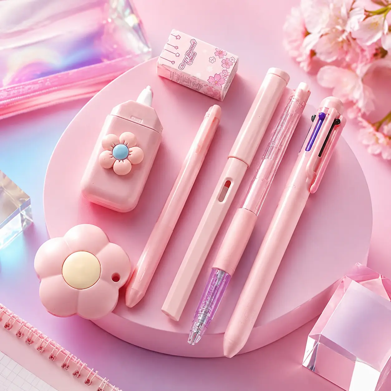 7-Piece Aesthetic Stationery Set (21.5x12cm) - Pencil Case, Pastel Pens, Highlighter, Pencil, Mini Cutter, Essential Journaling Accessories for Teen Girls, Back to School Haul, Office Stationery Supplies, Aesthetic Look