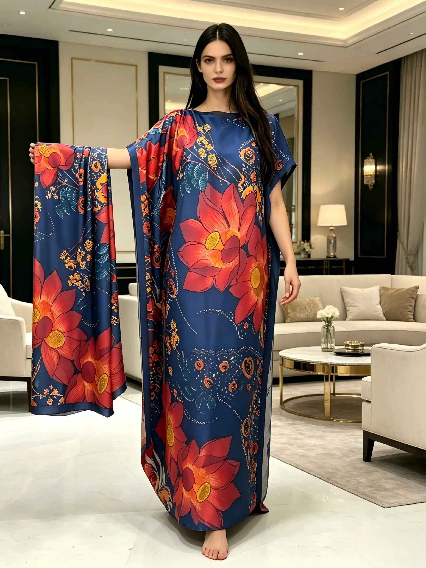 1 robe+1 scarf navy blue and red lotus flower printed robe dress set, Womenswear Casual Wear large size boat neck loose and flesh covering long dress robe+1 scarf, oriental light luxury Bohemian vacation style long dress