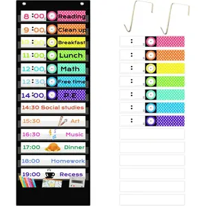 13+1 Pockets Daily Schedule Pocket Chart, Classroom Scheduling Pocket Chart with 7 Colored 6 Blank Reusable Cards & 2 Door Hooks for Classroom Office Home Preschool Learning Black