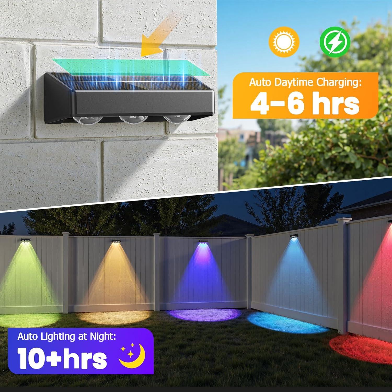RGB Solar Wall Fence Lights,Synchronously Change Color,Solar Step Lights,Bright Wall Lights,Outdoor Waterproof,Solar Powered Patiio Decor for Wall, Rain,Porch,Backyard,Gaeden.Perfect for holiday decorations fallfreshness