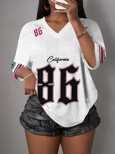 Women's Drop Shoulder Top, Number 86 Print, American Baseball Style, V Neck Short Sleeve T-Shirt, Loose Fit, Casual Sportswear