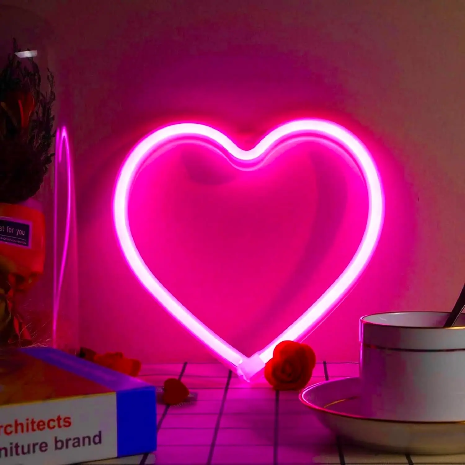 Pink Heart Neon Sign, USB Powered LED Heart Lights for Valentines Day Decoration, Valentines Gifts for Wife Wedding Proposal Anniversary Mother's Day Girls’ Room Table Wall Decor
