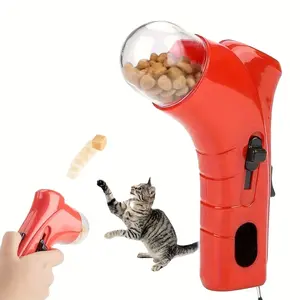 1 Interactive Cat Treat Launcher - Fun handheld feeding toy for cats and small dogs, green and white design with clear food storage container, perfect for training, playtime and fun on the go, cat toy