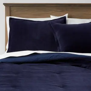 Full/Queen Cotton Velvet Comforter & Sham Set Navy - Threshold