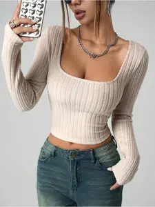 Women's Trendy Chic Solid Color Square Neck Long Sleeve Crop Top, Slim Fit Casual Wear for Effortless Style, Versatile Women's Clothing, Fashion, Womenswear