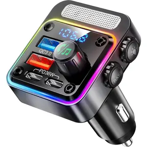 54W Bluetooth 5.3 Car Adapter Charger 4-Port Fast Charging [PD36W & QC3.0 18W], Wireless Radio FM Transmitter with Deep Bass Player, 5 Colors LED Backlit, Hands-Free Calling, Support USB Drive