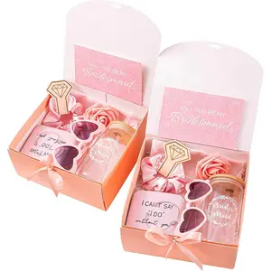 Set of 2  Bridesmaid Proposal Gifts - Includes Wedding  Box  Box Makeup Bag Bracelet  Flower Invited Card Glasses Cup Hair Tie for Bridal Shower Bachelorette Party