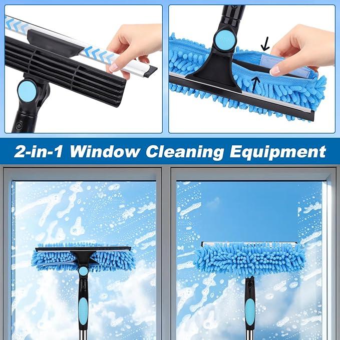 65'' Window Washing Kit with Extension Pole, 2-in-1 Window Cleaning Kit with Scrubber and Rotating Head, Window Cleaner Tool for Shower Rooms, Glass, Floors, Car Windshields Window Squeegee Cleaner Tool with Extension Pole: 2-in-1 Window Cleaning Kit