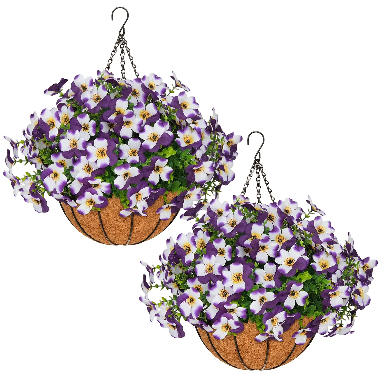 2 Pcs Artificial Pansy Hanging Plant Basket Realistic Silk UV Resistant Vibrant Pansies with Greenery for Summer Outdoor Porch Home Patio Balcony Garden Decor, Artificial Plants Decor, Outdoor Artificial Flowers