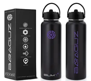 Baraguz Premium 40oz Water Bottle with Straw Lid - Stainless Steel Insulated Portable Tumbler Raven Black Wide Mouth Double Wall Vacuum Insulation BPA Free Dishwasher Safe