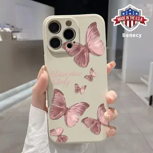 Straight Edge Phone Case for iPhone 15 Plus 16 Pro Max 14 13 12 11 XS XR E Pink Butterfly Pattern Drop Protection Shockproof Soft Silicone smartphone Cover
