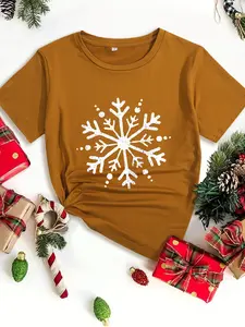 Women's Christmas Themed Snowflake Print Round Neck Tee, Casual Short Sleeve Crew Neck T-shirt for Summer, Fashion Women's Top for Holiday