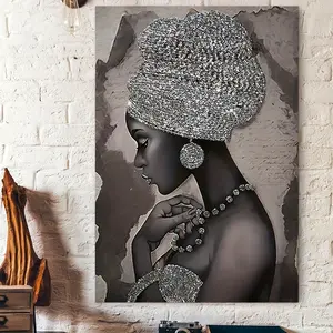 1pc Abstract Canvas, Silver African Woman on Canvas, Wall Art, Artwork Mural, Bathroom, Bedroom, Office, Living Room, Home Wall Decoration