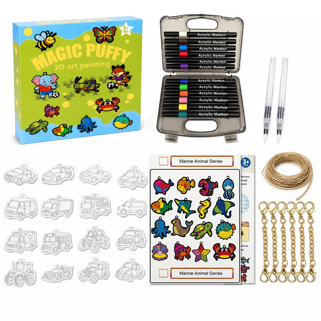 Kids' Magic Puffy 3D Art Painting Kit - DIY Decorative Set with Acrylic Markers, 1 Fun Vehicle Shape Template for Creative Paint Play, Mark