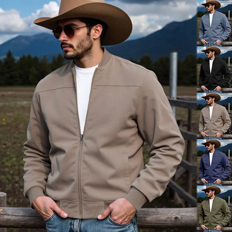 Men's Stylish American Western Casual Solid-Color Baseball-Collar Full-Zip Aviator Jacket, Slim Fit, Ribbed Cuffs & Hem, Fluid Drape, Suitable for Farm Wear & Commuting, Multiple Colors
