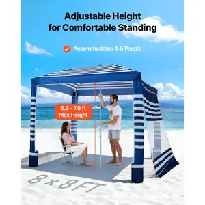 VEVOR Beach Cabana, 8x 8 ft Beach Canopy with Side Wall, UPF 50+ Protection Easy Setup Cabana Tent with Sand Pockets, Adjustable Height Portable Shade Sun Shelter Umbrella for Family Friends, KhakiVEVOR Super Brand Day