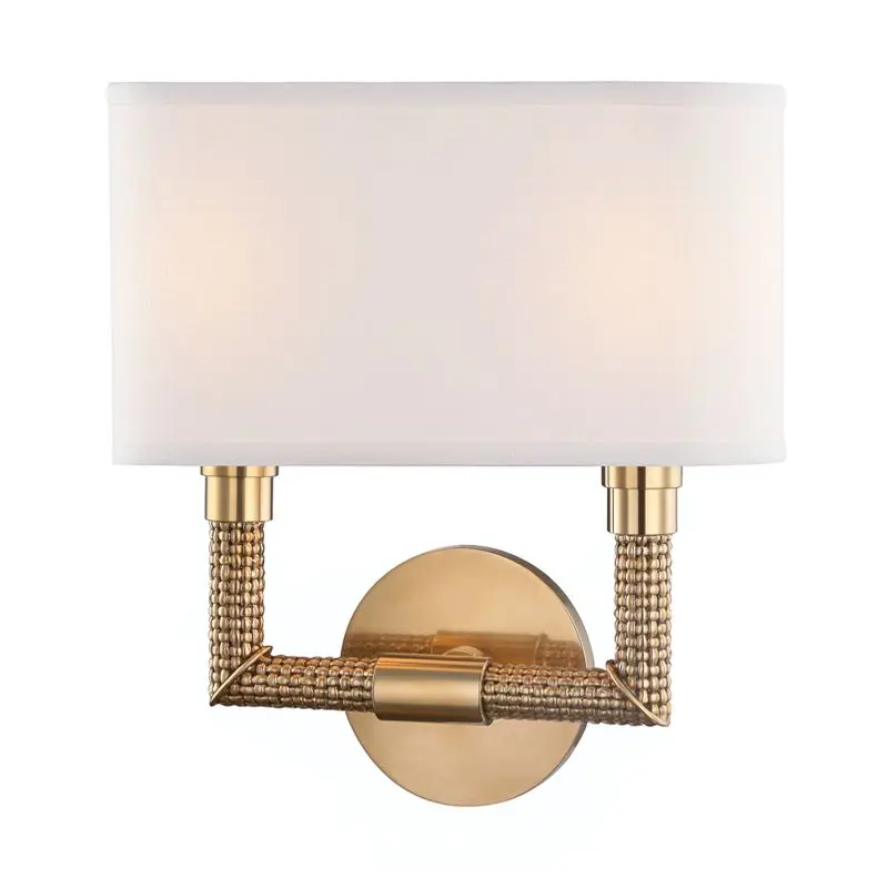 Dubois Sconce - 2 Light, Aged Brass Finish, Elegant Off White Linen Shade