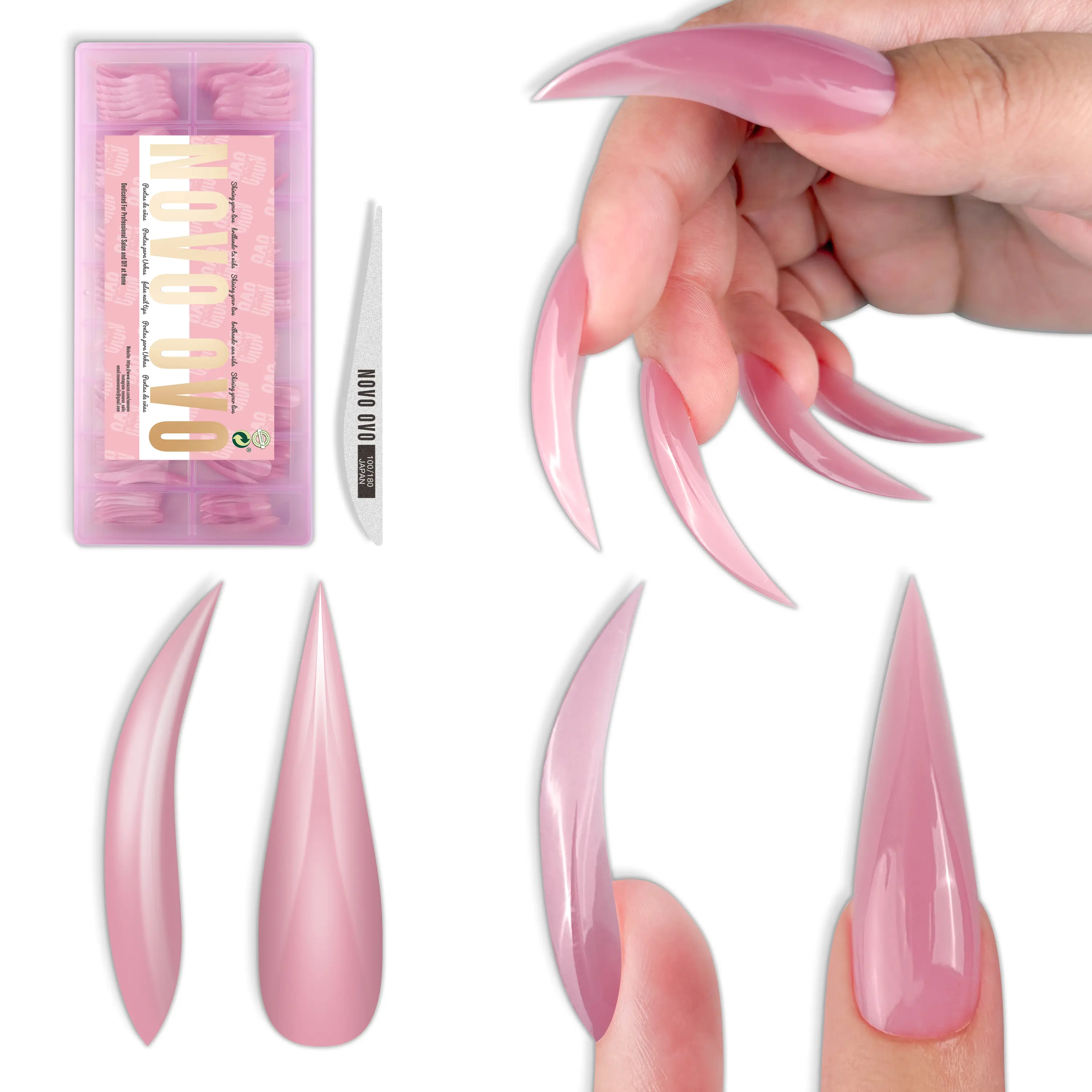 NOVO OVO Halloween Eagle Claw 3D Long Press-On False Nails & Accessories - Berry Pink XL L-Curved Stiletto Full Cover Nails with Apex, Thin File, 16 Sizes 128Pcs for Cosplay