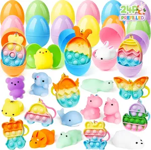24 Pack Prefilled Easter Eggs with Squishy Toys & Pop Keychains, Kids Easter Basket Stuffers, Easter Egg Hunt Fillers, Party Favors Bulk for Boys & Girls, Easter Gifts