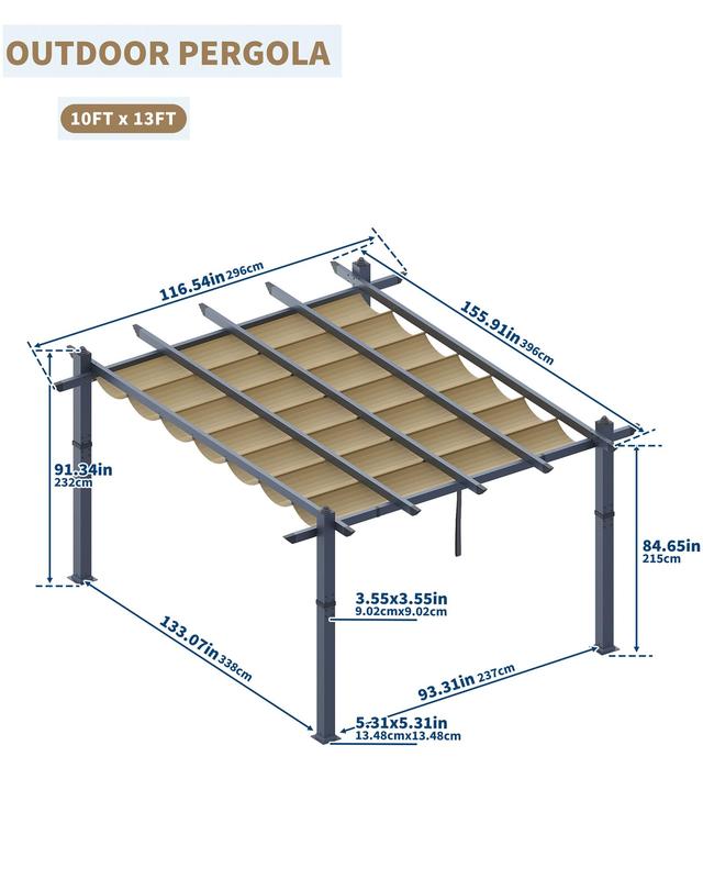GARVEE 10x13 Ft Aluminum Pergola with Retractable Canopy Metal Gazebo for Modern Backyard Deck Porch Grape Trellis(Khaki)