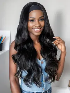 Black Wavy Headband Wig, 28 Inch Body Hair, Heat-Resistant Synthetic Hair, Glueless Design, Beginner Friendly