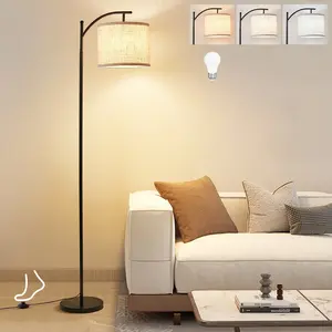 Modern Black Arc Floor Lamp with Fabric Shade & 3-Color LED Bulb Included