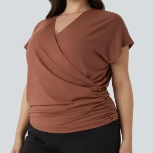 Halara V Neck Cap Sleeve Crossover Ruched Solid Work Plus Size Blouse