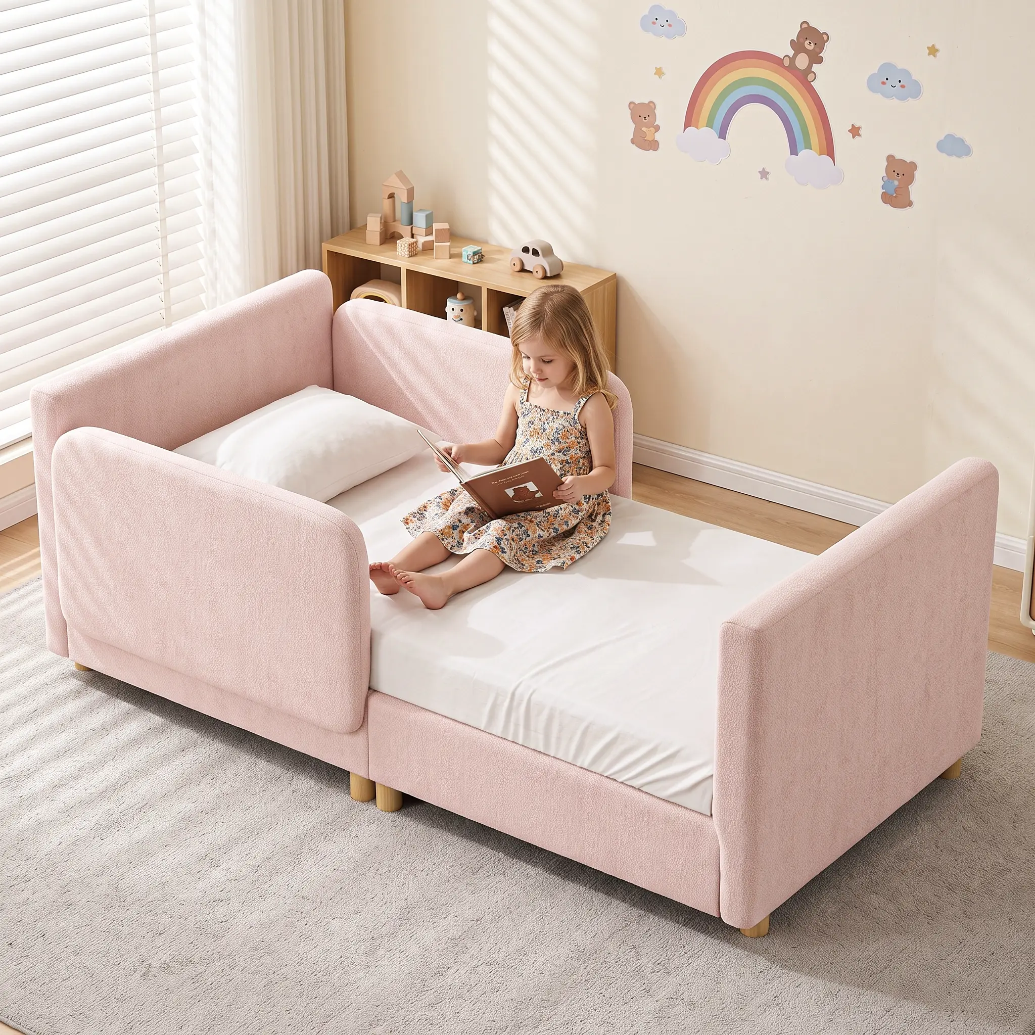 Lilypelle Toddler Bed Frame, With Detachable Safety Railing, CPSC Certified Boy and Girl Crib, Standard Crib, Certified Fabric Toddler Bed Frame, Excluding Mattress summerwins,dorm essentials,home decor