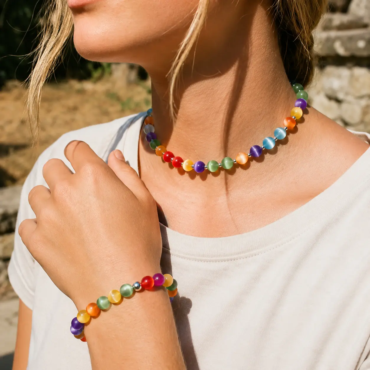 Female Avelo Casual 2-Piece Natural Stone Jewelry Set - Resin Rainbow Cat Eye Beads, UV-Reactive Color-Changing, Stainless Steel, Adjustable Lengths (15.75in+1.97in Extender, 6.30-7.09in), 16g Everyday Summer Beach Costume Bracelet+Necklace, 15.75 In + 1.