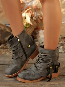 Boho Style Cross Strap Boots, Round Toe Flat Heel Side Zip Short Boots, Western Fashion Versatile Women's Shoes, All Seasons Wear