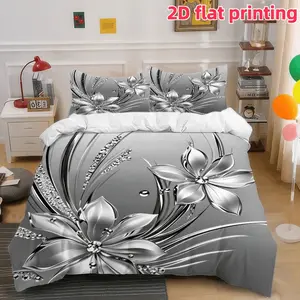 2D Flat 3Pcs Elegant Silver Floral Duvet Cover, Luxury Glitter Crystal Flower Print Bedding with 2 Pillowcases (Unfilled) - Soft Microfiber for Modern Bedroom Decor, Aesthetic Home Comfort, Gift Her, All Season Stylish