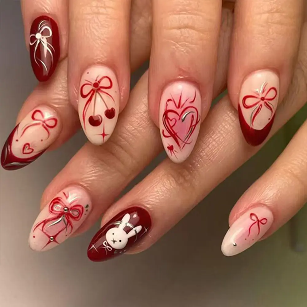 24pcs Almond Press-On Nails, Bow Heart Rabbit Design, Valentine's Day Style, Full Cover Acrylic False Nails for Women and Girls, Kawaii Nails