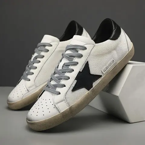 Men's Leather Star Sneakers, Vintage Lace-Up Sports Shoes, Breathable Mesh Design, Athletic Casual Sneakers, Casual All-Season Footwear, Durable Comfortable
