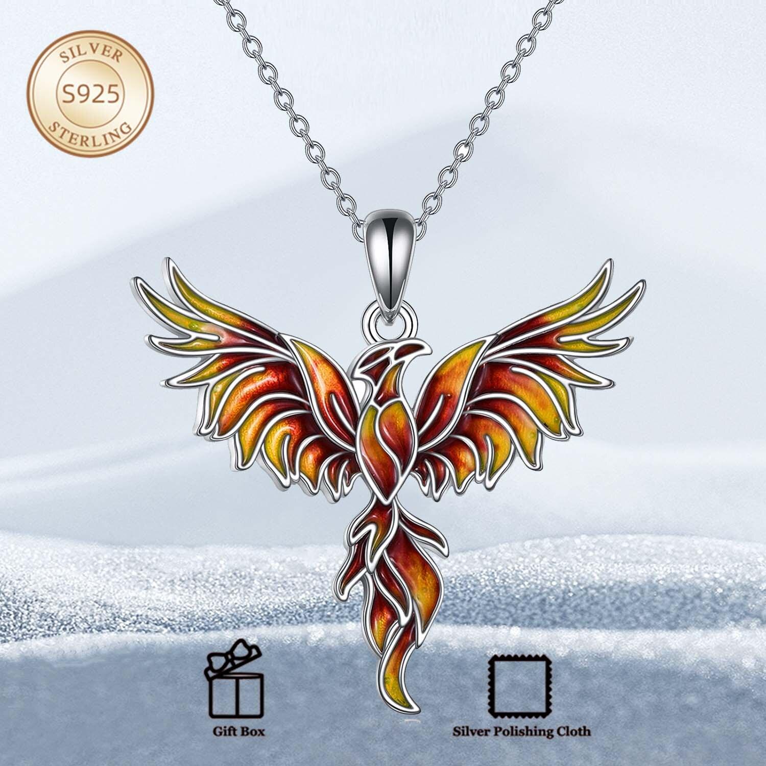 S925 Sterling Silver Phoenix Necklace for Women, Fire Phoenix Rebirth Pendant with Red & Yellow Gradient Crystal, Symbolic Jewelry Mother's Day Gifts for Mom/Wife