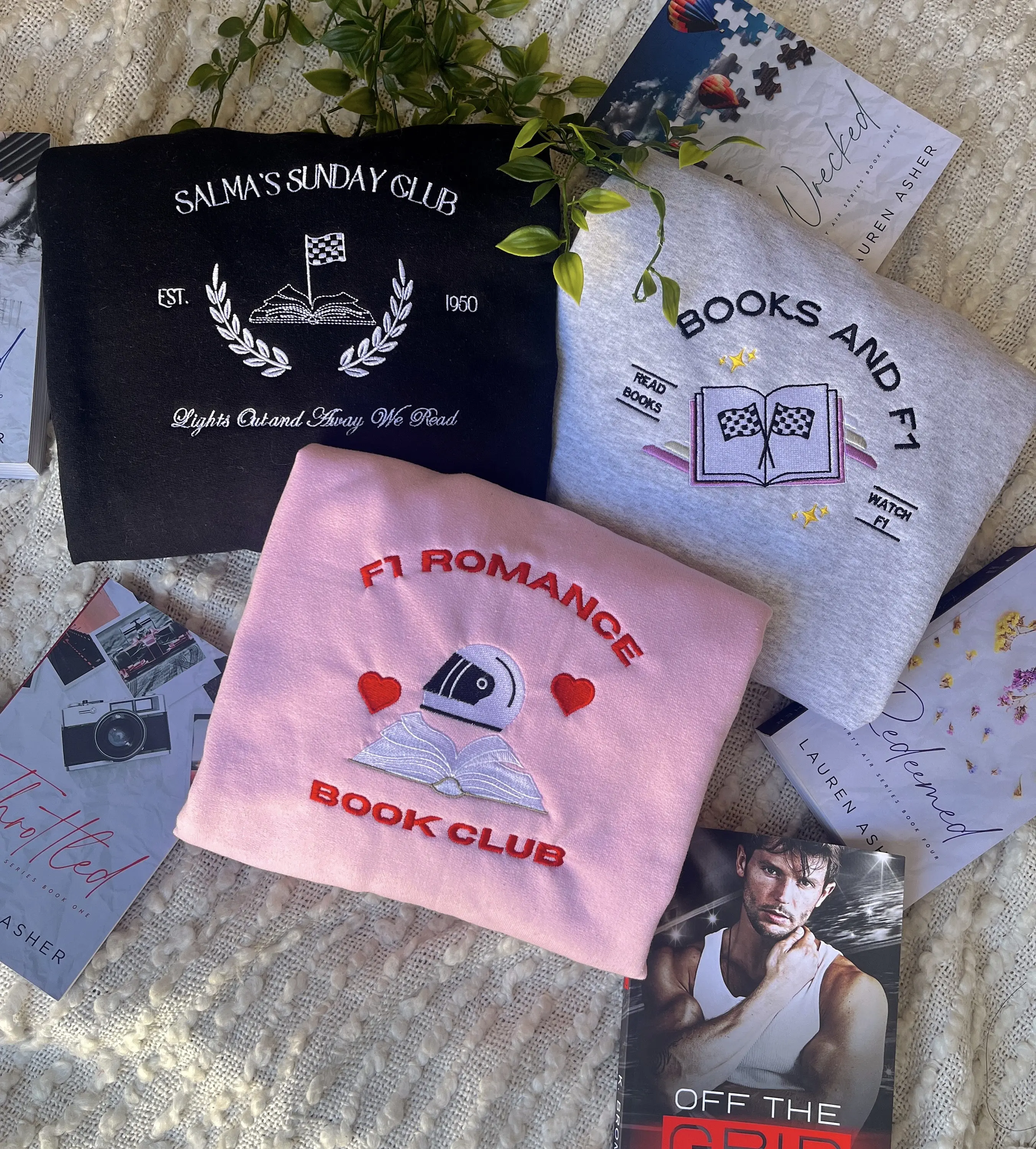 1 item Salmas Sunday Club Embroidery Sweatshirt, F1 Romance Embroidered Sweatshirt ,F1 Romance ,Book Merch Embroidery Sweatshirt, Book Embroidery Sweatshirt