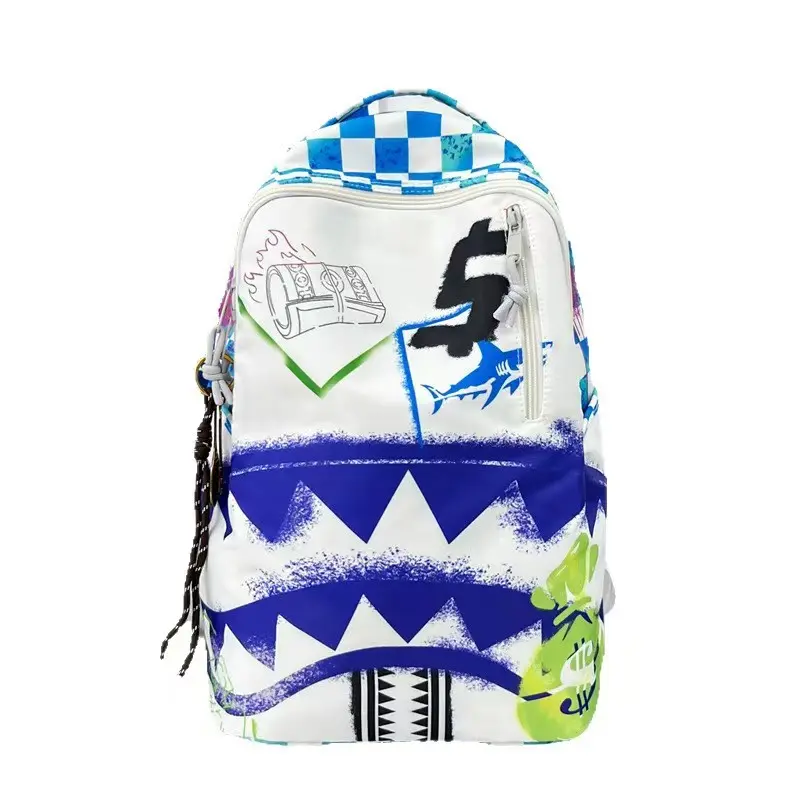 Sprayground White Blue Graffiti Shark Teeth Money Print Backpack - Hype Streetwear Large-Capacity Oxford Fabric Laptop Bag for Teen Boys, Durable Fashion School Travel Daily Casual Use