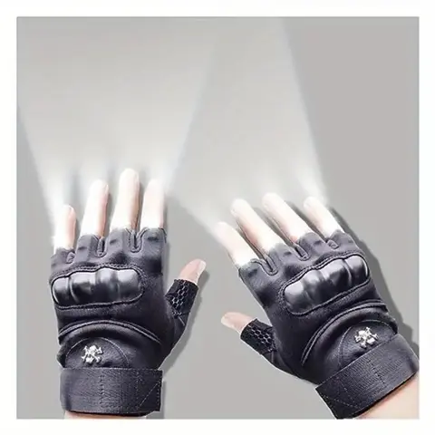 Unisex 8-LED Flashlight Fingerless Outdoor Sports Gloves, Durable Black with Adjustable Wrist Strap for Secure Fit, Ideal Daily Carry Gift, Lights, Christmas