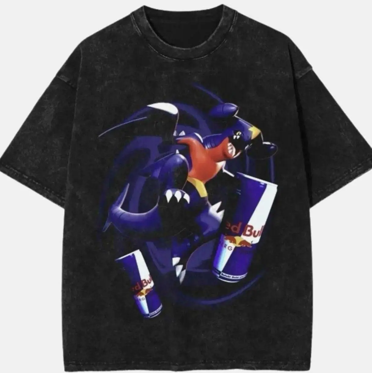 Vintage Garchomp x Bull Soda Wash Tee, Pocket Monster x Energy Soda Graphic Tees, Pocket Monster T-Shirt, Unisex Anime Shirt, PKM Gift, Gym Workout Shirt, Menswear Womenswear Streetwear Top Fit Oversize 4EG KQA R0I U2F