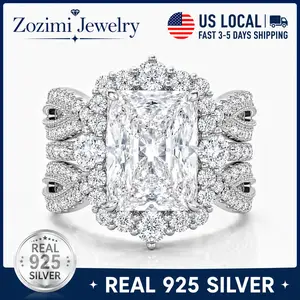 S925 Sterling Silver 5.2CT Radiant Cut Engagement Ring Set for Women, Luxury 5A Cubic Zirconia Halo Bridal Wedding Ring Set Jewelry, Perfect for traveling and daily wearing