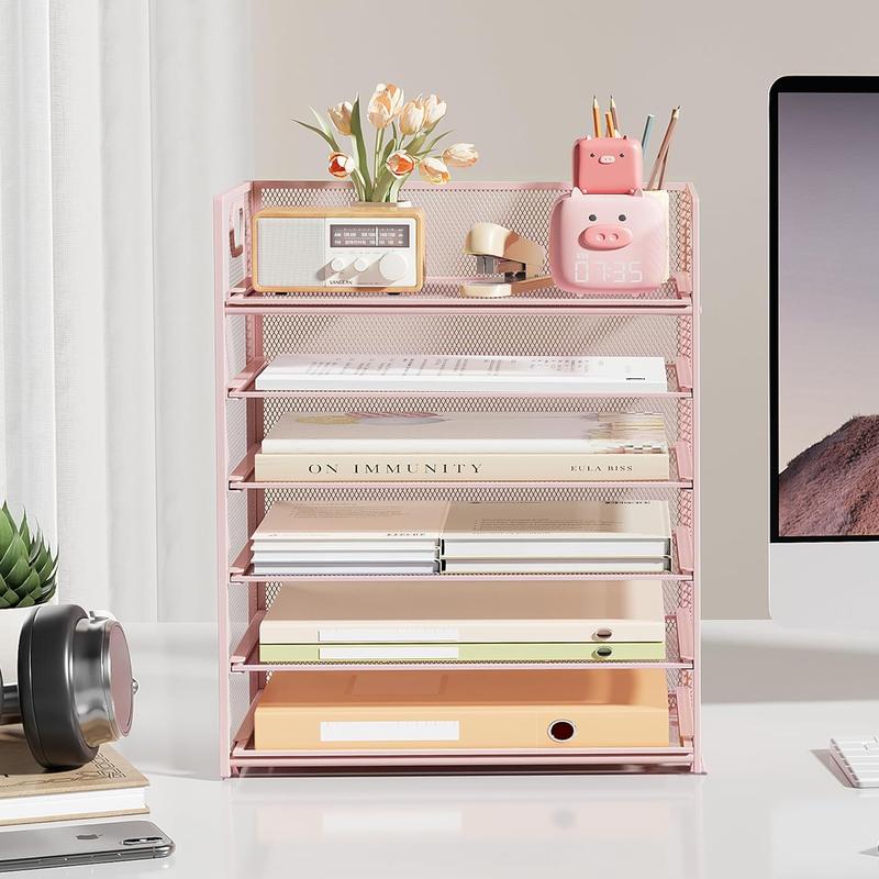 6 Tier Office File Paper Desk Tray Organizer with Handle, Stackable Slide Mesh Letter Tray Folder Pink Desk Organizer, Desktop Document Sorter for Classroom, Office, Home Supplies Storage
