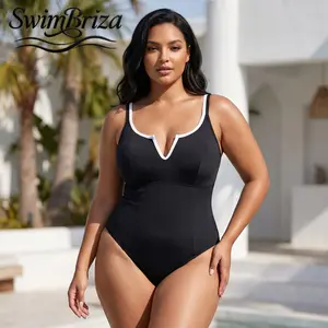Briza｜Women's Sculpting One Piece Swimsuit Plus Size Tummy Control Bathing Suit Black White Trim Chic Beachwear Vacation Swimwear Pool Summer Resort Swimsuit, Women's Swimwear, Bathing Suit for Women, Beach Pool Summer Vacation, Swimming Water Play