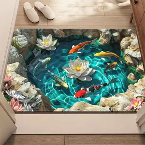 2D Koi Fish Pond Lotus Area Rug, Realistic Zen Garden Waterfall Decorative Floor Mat, Washable Soft Rug for Living Room Kitchen Home Decor