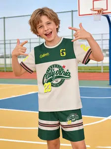 Boys' Casual Sports Set, California Printed Short Sleeve Shorts, Vintage Fun Two-Piece, All over Print, Fitted Bottoms