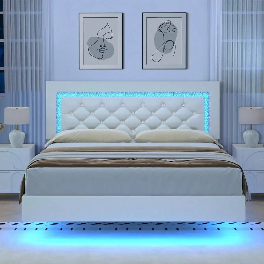 Floating Upholstered LED Bed Frame with Diamond Tufted Headboard, 6.3 Inches Storage Space, Anti-Noise Modern Sturdy Slats, Springless Mattress Compatible, Assembly Required (Single/Double/King Sizes)