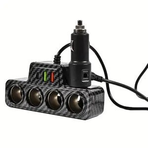 Multifunctional Car Charger 4 Way Cigarette Lighter Splitter USB PD Fast Charging Carbon Fiber Texture Car Van Universal 4 Cigarette Lighter Sockets 2 USB Ports Simultaneously Charge Multiple Devices Color Optional 1.4A Conversion Plug Car Charger Adapter